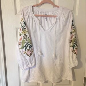 croft & barrow White Tunic with Pink and Green Floral Sleeve
